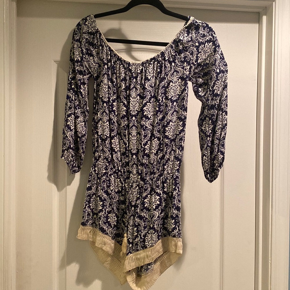 Off the shoulder blue and white patterned romper